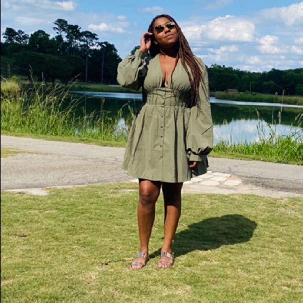 Khaki Button Front Fitted Puff Sleeve Skater Dress